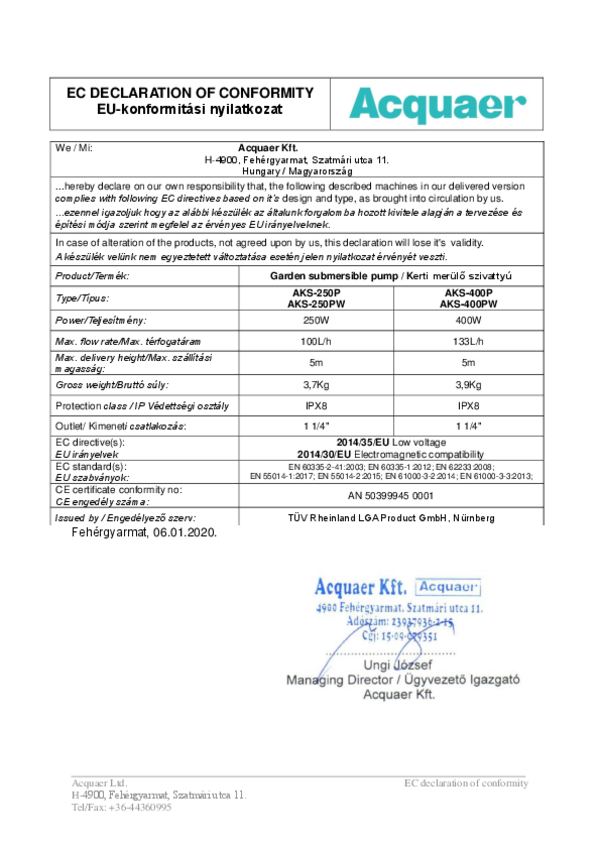Acquaer AKS 400PW kerti merülő szivattyú EU-konformitási nyilatkozat