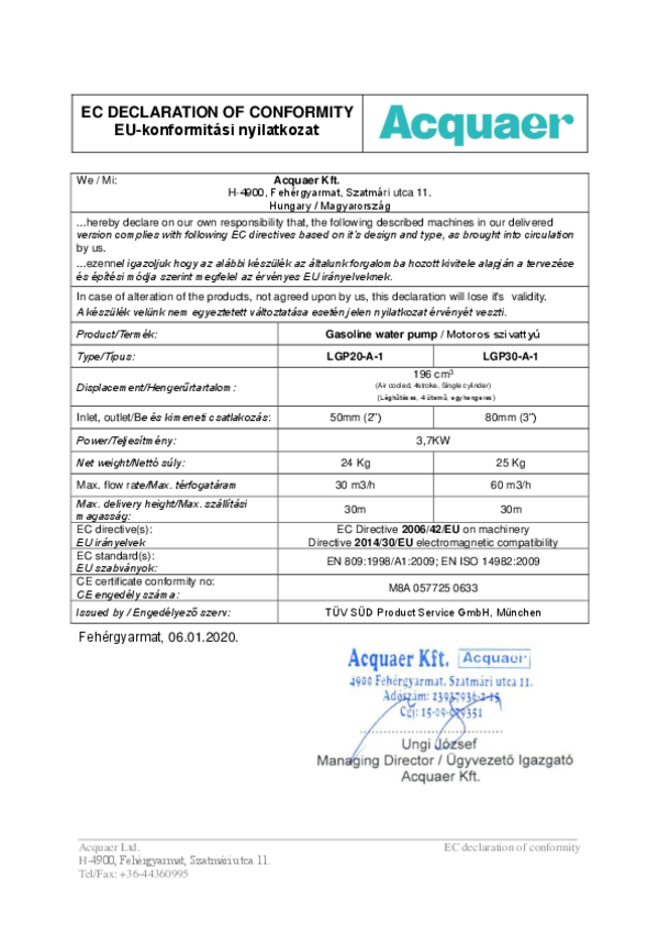 Acquaer LGP20-A-1 Benzinmotoros szivattyú EU-konformitási nyilatkozat