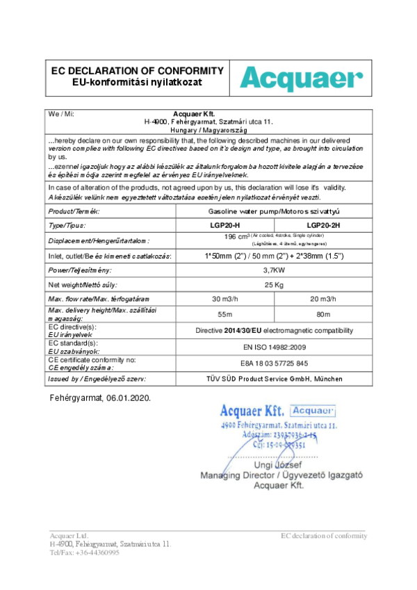 Acquaer LGP20-2H Benzinmotoros magasnyomású szivattyú EU-konformitási nyilatkozat