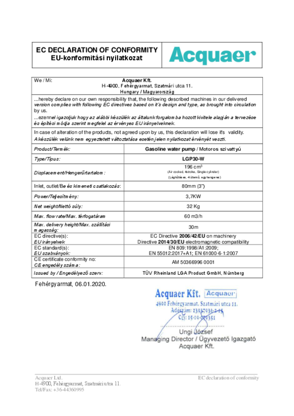 Acquaer LGP30-W Benzinmotoros szennyvíz szivattyú EU-konformitási nyilatkozat