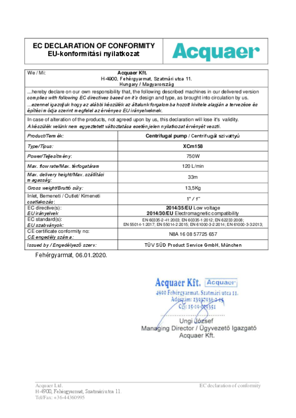 Acquaer XCm158 egylépcsős centrifugál szivattyú EU-konformitási nyilatkozat