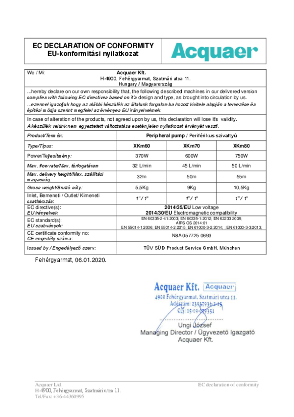 Acquaer XKm70-1 Peripheral Pump EC DECLARATION OF CONFORMITY