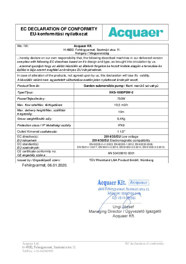 Acquaer INOX XKS-1000PSW-2 kerti merülő szivattyú EU-konformitási nyilatkozat