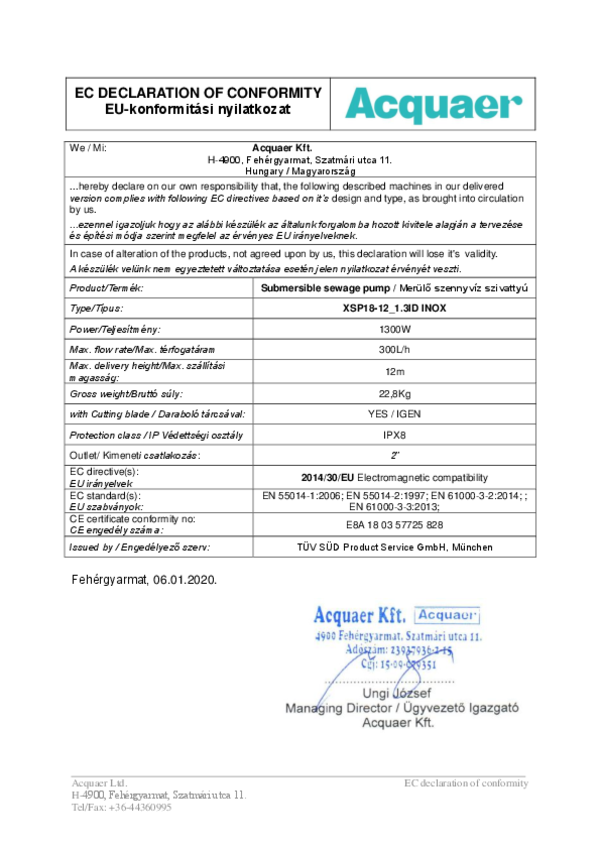 Acquaer XSP18-12/1.3ID inox darabolós merülő szennyvíz szivattyú EU-konformitási nyilatkozat